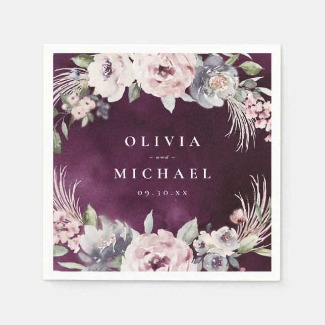Plum watercolor & dusty pink floral boho wedding napkin (Front)