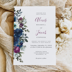 Plum Watercolor Floral Navy Blue Wedding Invitation