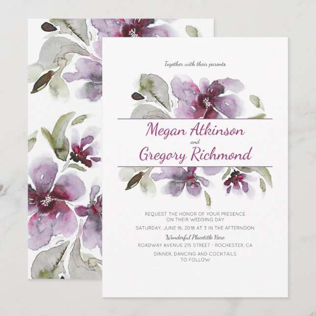 Plum Watercolor Flowers Romantic Garden Wedding Invitation (Front/Back)