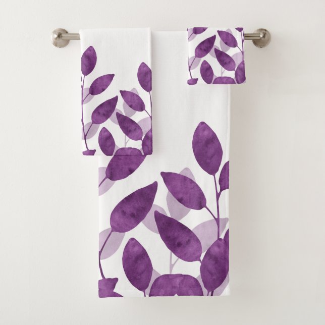 Plum Watercolor Leaves Bath Towel Set (Insitu)