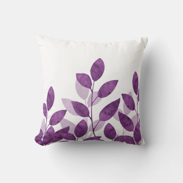 Plum Watercolor Leaves Throw Pillow (Front)