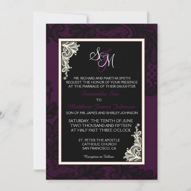 Plum White and Black Lace Wedding Invitation Card (Front)