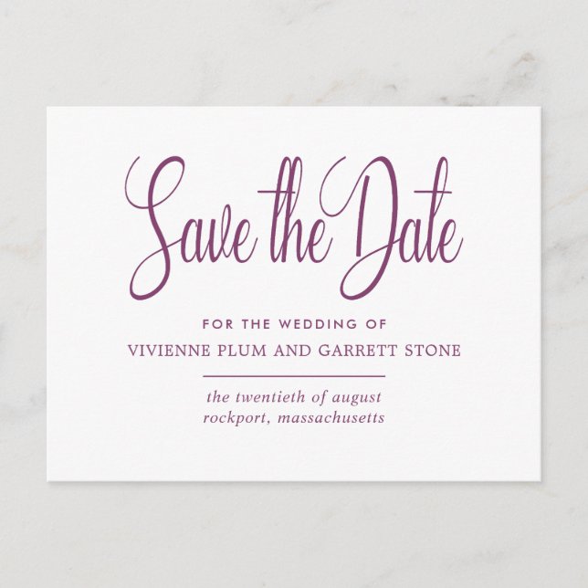Plum & White Calligraphy Wedding Save the Date Invitation Postcard (Front)