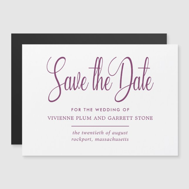 Plum & White Calligraphy Wedding Save the Date Magnetic Invitation (Front/Back)