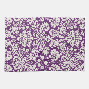 Plum White Damask Pattern Kitchen Towel