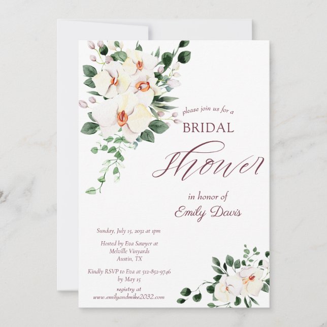 Plum White Orchid Pampas Tropical Bridal Shower Invitation (Front)