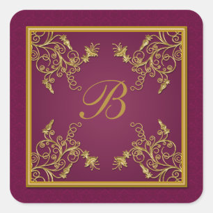 Plum Wine and Gold Floral Damask Monogram Sticker