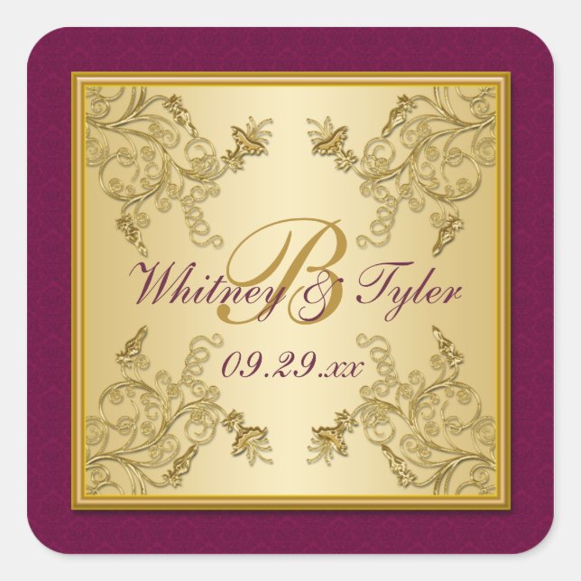 Plum Wine and Gold Floral Damask Monogram Sticker (Front)