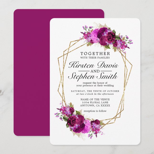 Plum Wine Floral Gold Geometric Border Wedding Invitation (Front/Back)
