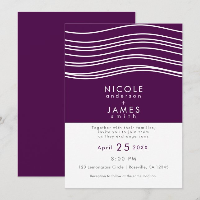 Plum Wine Purple & White Wave Chic Modern Wedding Invitation (Front/Back)