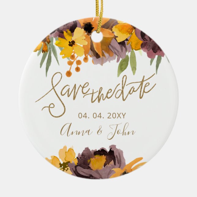 Plum Yellow Floral Gold Calligraphy Save The Date Ceramic Ornament (Front)