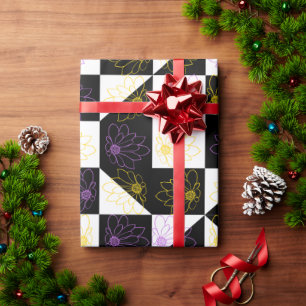 Plum & Yellow Flower   Black & White Chequerboard Wrapping Paper