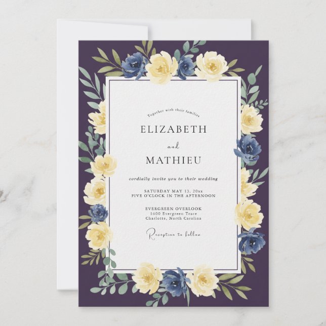 Plum Yellow Rose Wedding Invitation (Front)