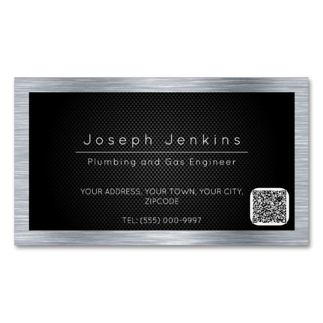 plumber black carbon fibre and silver metal p 	Magnetic business card (Front)
