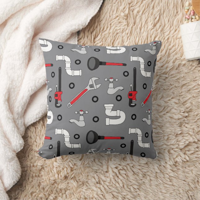 Plumber Plumbing Tool Patterned Grey Throw Pillow (Blanket)