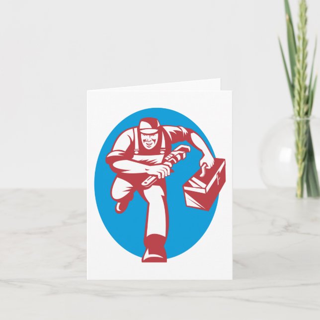 Plumber Running with Wrench and Toolbox Card (Front)