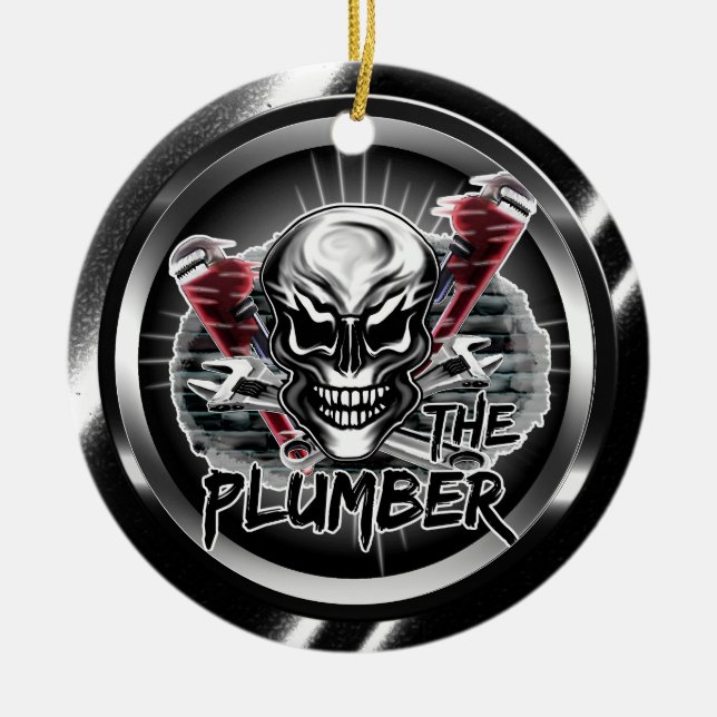 Plumber Skull Ornament: "The Plumber" Ceramic Ornament (Front)