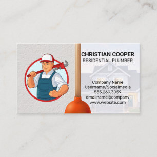 Plumber with Wrench   Plunger Business Card
