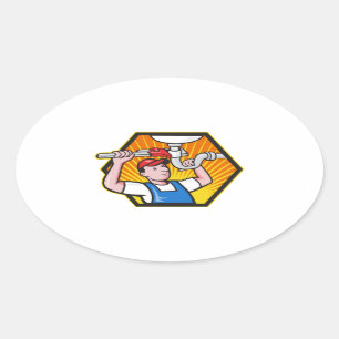 Plumber Worker With Adjustable Wrench Oval Sticker