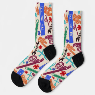 Plumbers Tools, Retro Multicolor Plumbing Pattern Socks