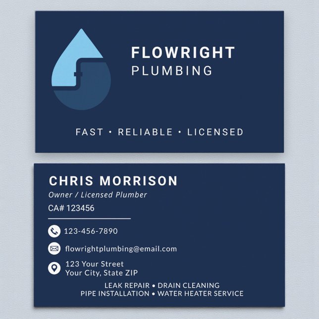 Plumbing Company Elegant Navy Blue Business Card (Creator Uploaded)