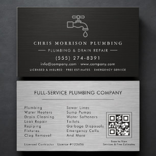 Plumbing Company QR Code Silver Black Metallic Business Card