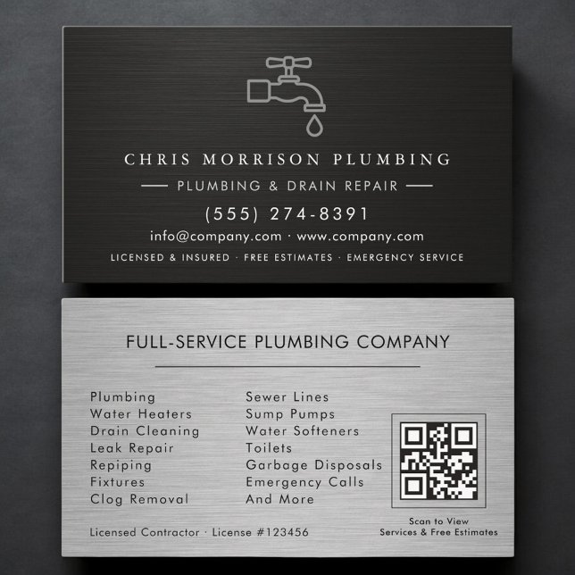 Plumbing Company QR Code Silver Black Metallic  Business Card (Creator Uploaded)