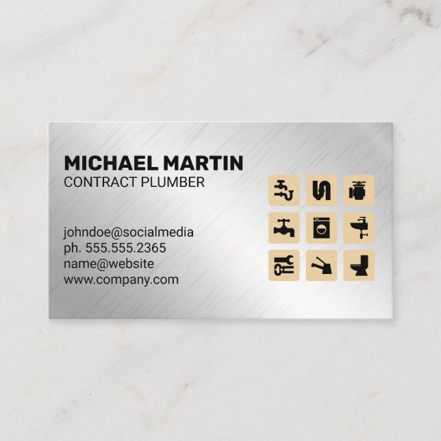 Plumbing Icons | Aluminum Metallic Background Business Card (Front)