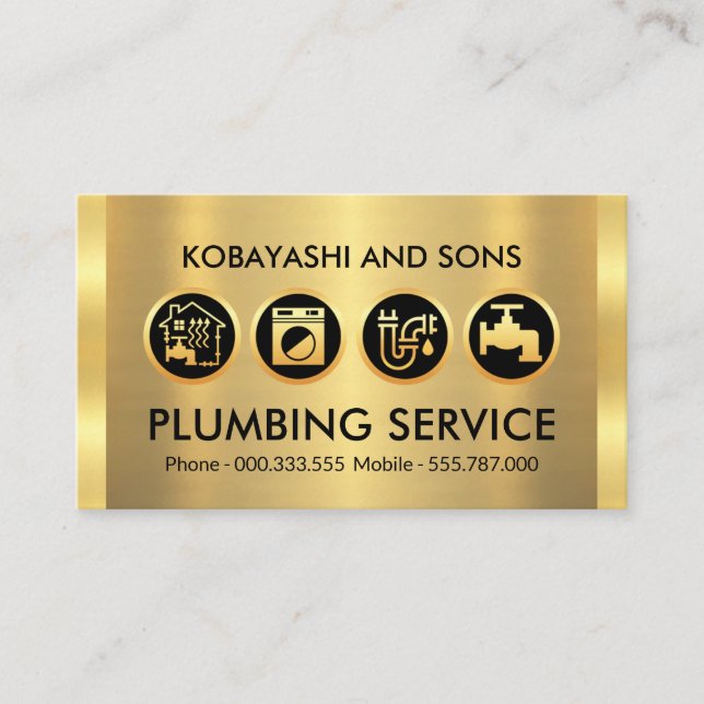 Plumbing Icons On Gold Layers Business Card (Front)