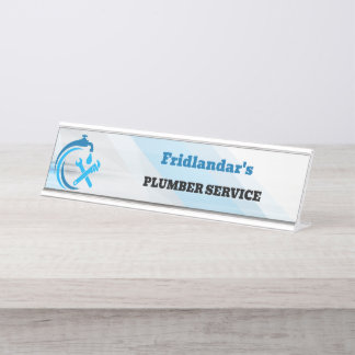Plumbing Service Blue Water Drop Logo Plumber Desk Name Plate