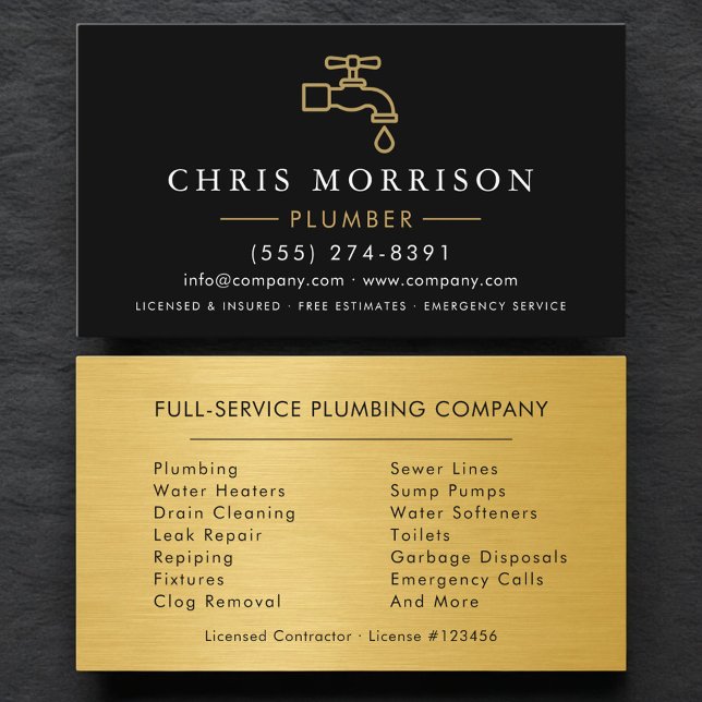 Plumbing Service Plumber Black Gold Business Card (Creator Uploaded)