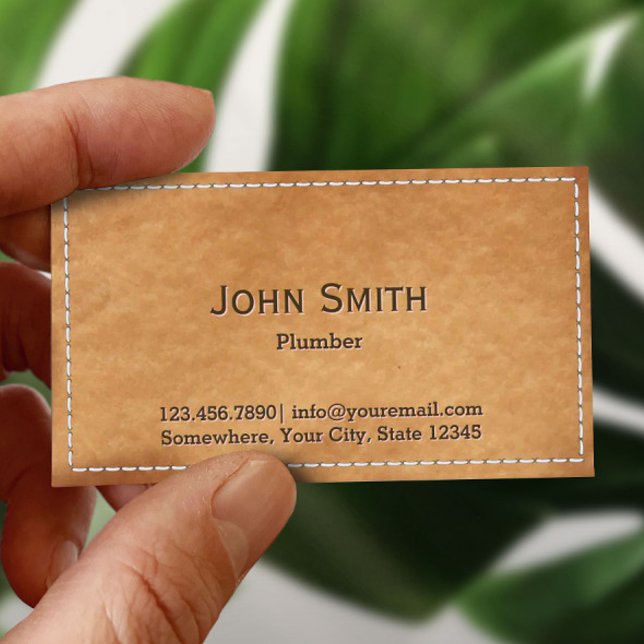 Plumbing Service Vintage Stitched Leather Business Card (Creator Uploaded)