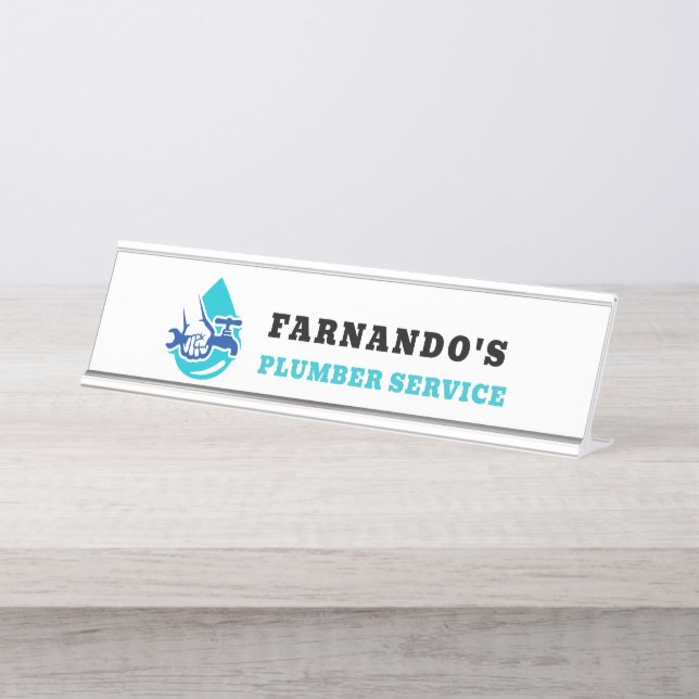 Plumbing Service Water Drop Logo Plumber Business Desk Name Plate (Front)