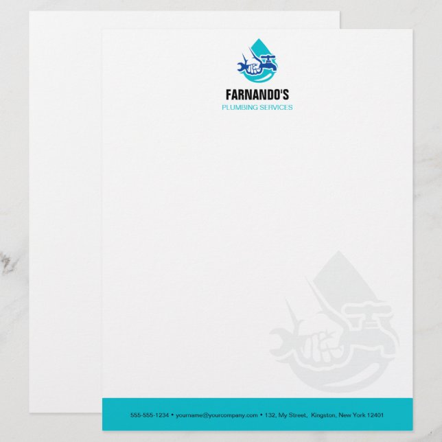 Plumbing Service Water Drop Logo Plumber Business Letterhead (Front/Back)