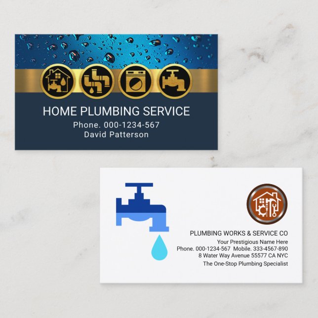 Plumbing Tools On Blue Waterdrops Business Card (Front/Back)