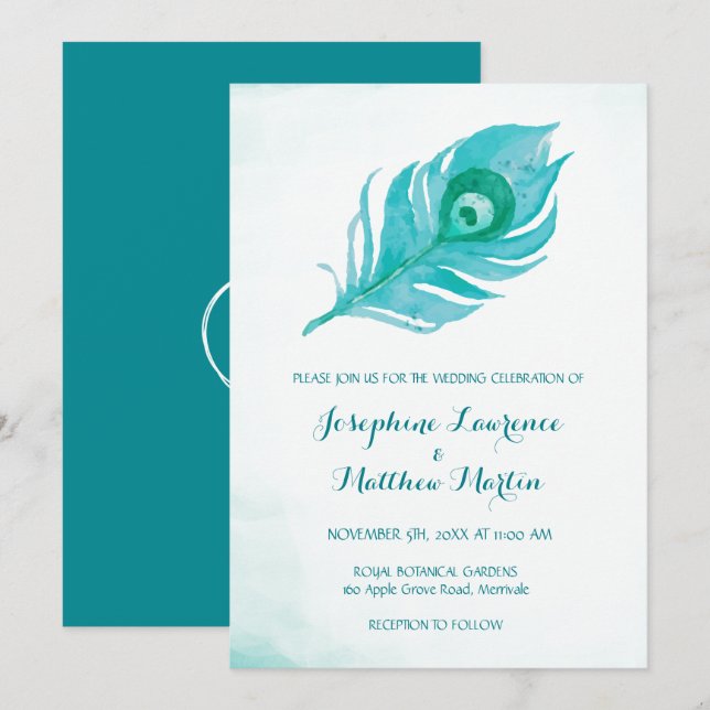 Plume de paon Monogramme Invitations de mariage (Devant / Derrière)
