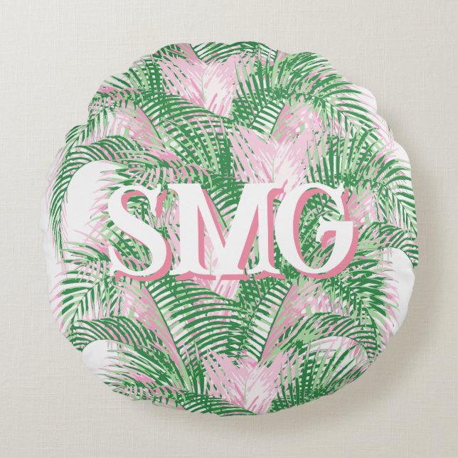 Plume Palm Fronds in Pink + Green Personalized Round Pillow (Front)