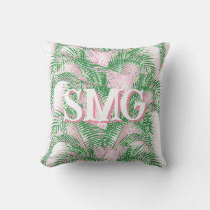 Plume Palm Fronds in Pink + Green Personalized Throw Pillow