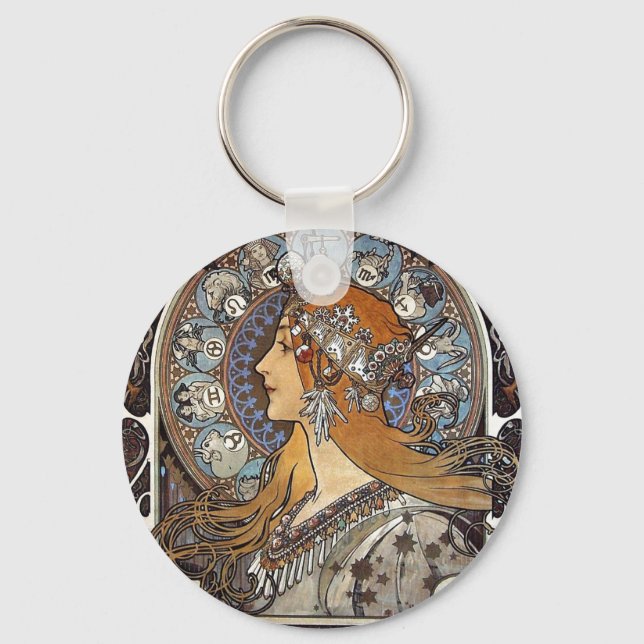 Plume Zodiac Woman by Alphonse Mucha – Art Nouveau Keychain (Front)