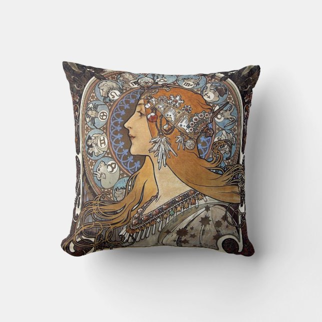 Plume Zodiac Woman by Alphonse Mucha – Art Nouveau Throw Pillow (Front)