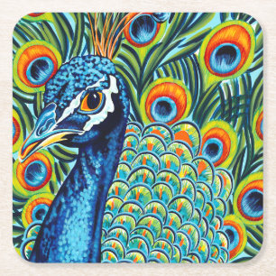 Plumed Peacock I Square Paper Coaster