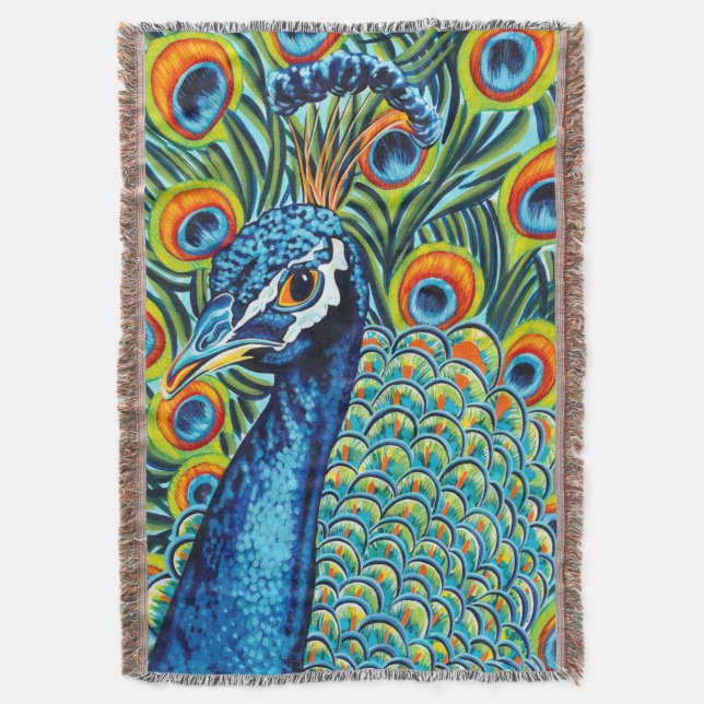 Plumed Peacock I Throw Blanket (Front Vertical)