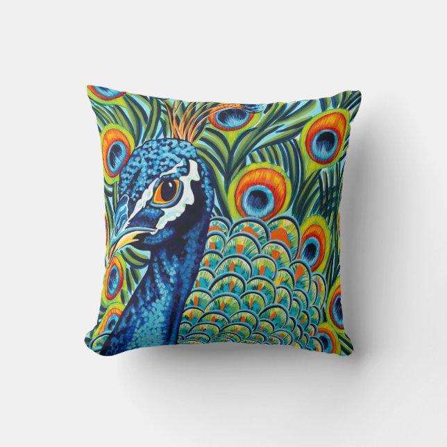 Plumed Peacock I Throw Pillow (Front)
