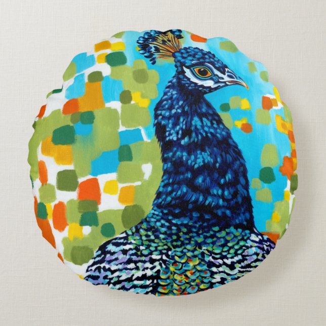 Plumed Peacock II Round Pillow (Front)