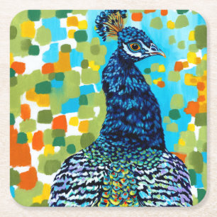 Plumed Peacock II Square Paper Coaster
