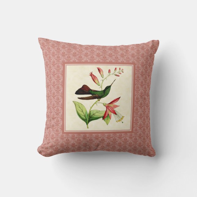 Plumeleteer Hummingbird Damask Pillow (Front)