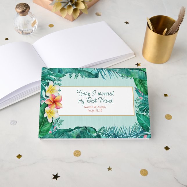 Plumeria and Tropical Green Leaves Wedding Guest Book (Front Open)
