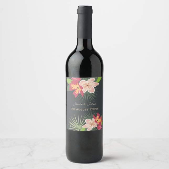 Plumeria and tropical leaves wine label (Front)