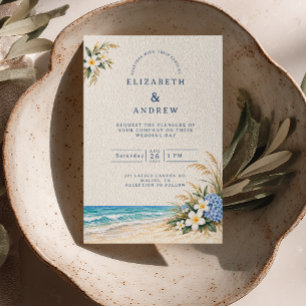 Plumeria Blue Floral Beach Wedding Invitation