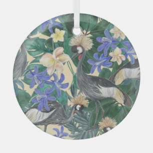 Plumeria Blue Flowers, Watercolor Seamless. Glass Ornament